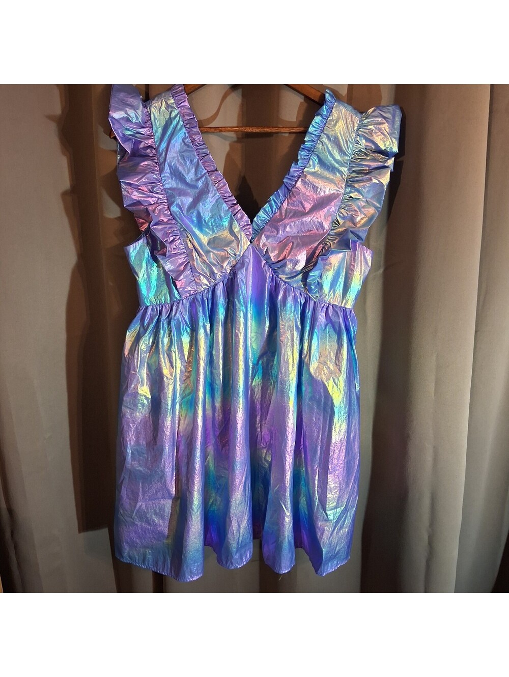 Fantastic Fawn Iridescent Ruffle V-Neck Mini Dress